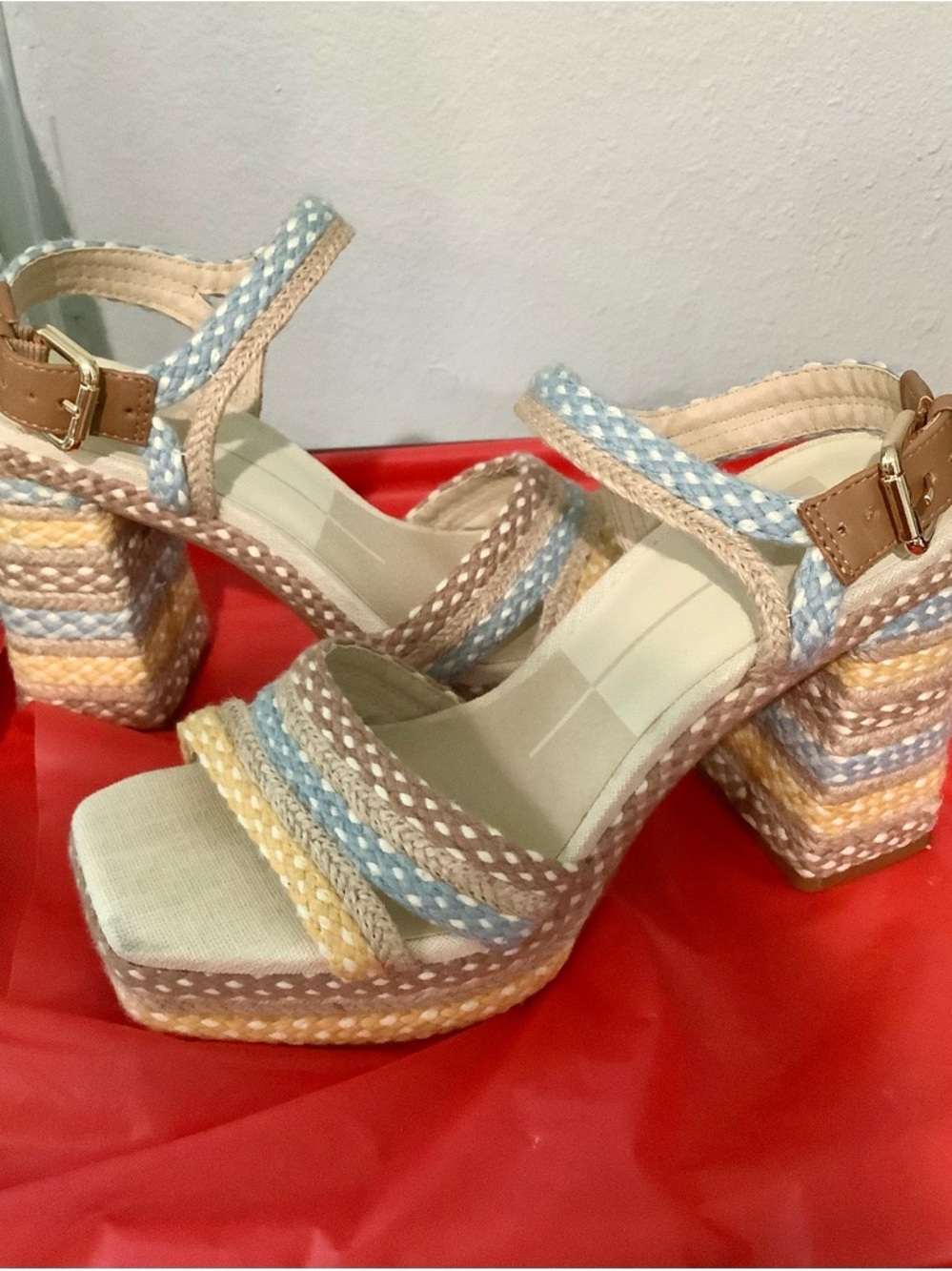 Franco Sarto Pastel Braided Platform Sandals in Blue, Yellow, Tan